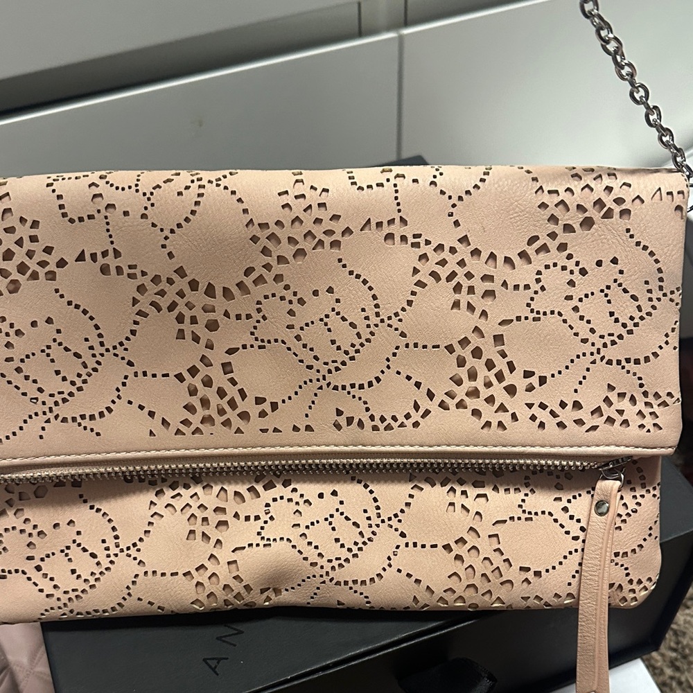 Elegant Tan Laser-Cut Clutch with Chain Strap